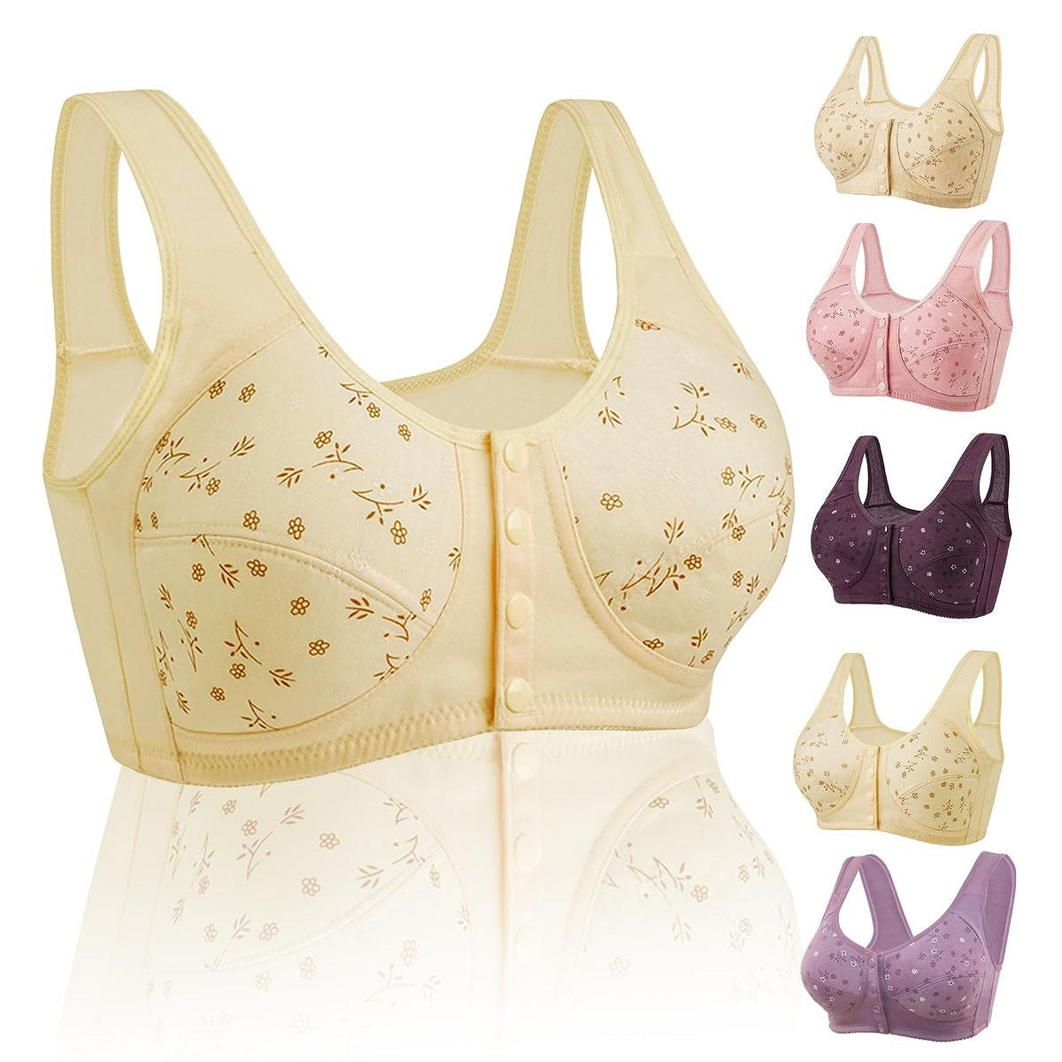 Set of women's bras with floral patterns on a white background
