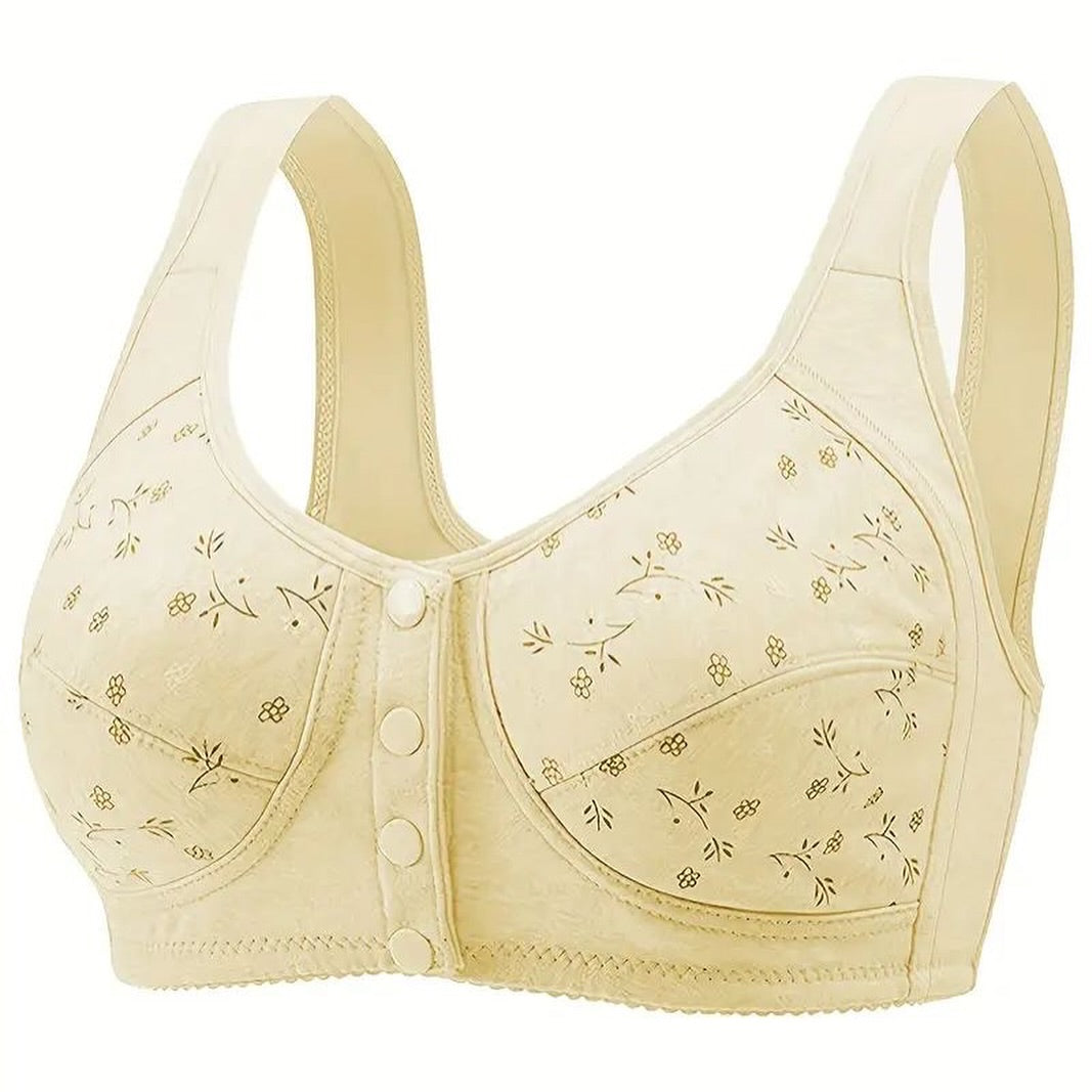 Beige bra with floral patterns on a white background
